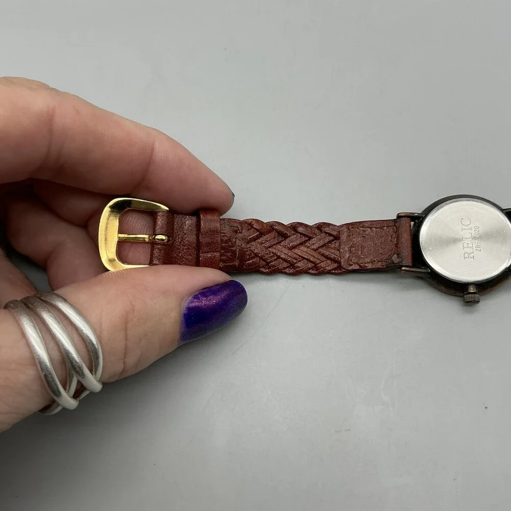 Relic Womens Watch 25mm Gray Dial Gold Tone Brown Braided Leather New Battery